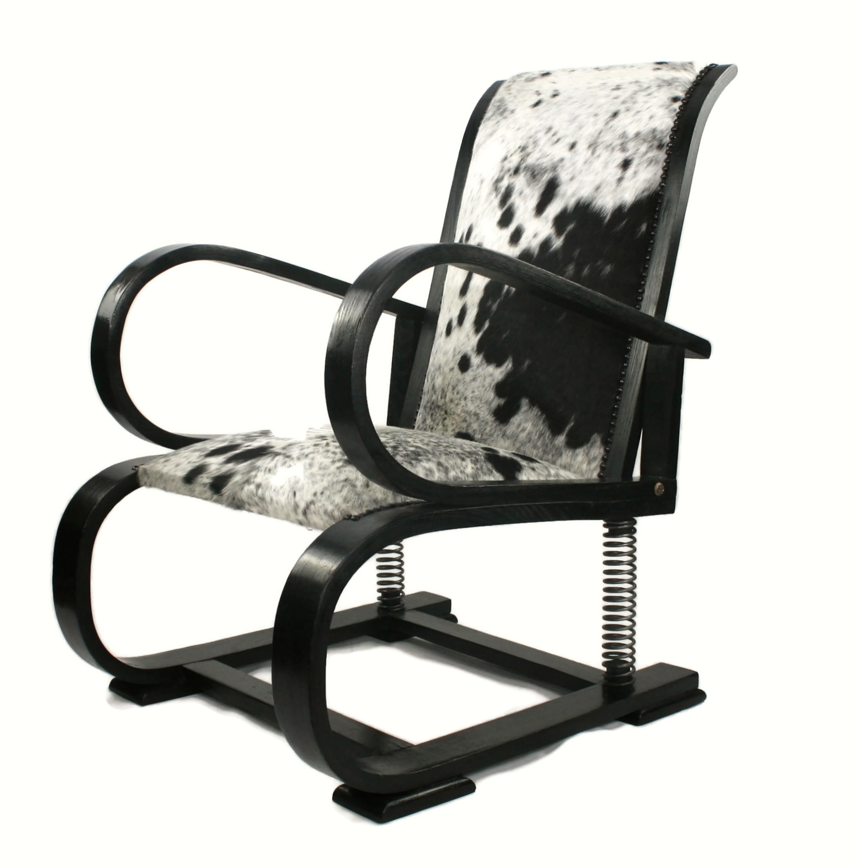 ttps://bouncingharecreations.co.uk/product/French Art Deco Ebonized Rocking Chair In South American Cow Hide / ‎