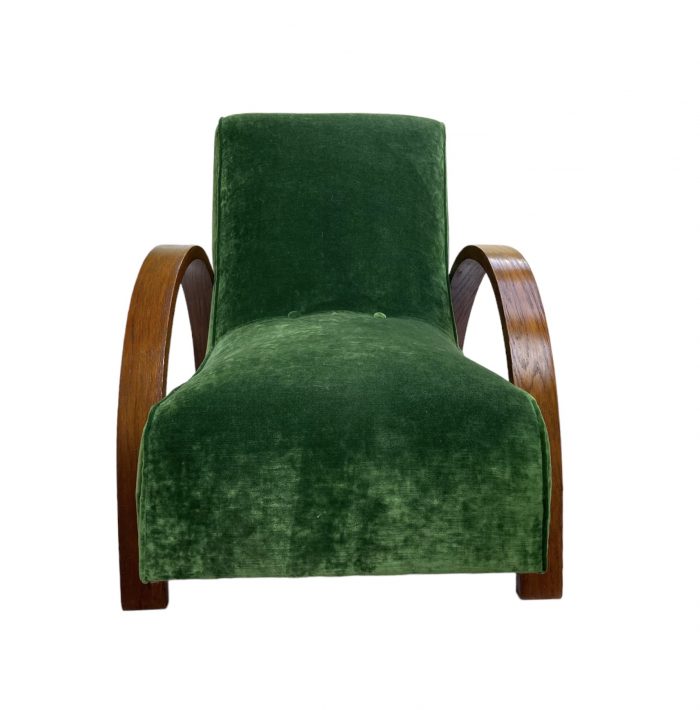 Art Deco Modernist Oak Bentwood Armchair By Heals Of London Fully Restored And Upholstered In Sumptuous Velvet By Linwood