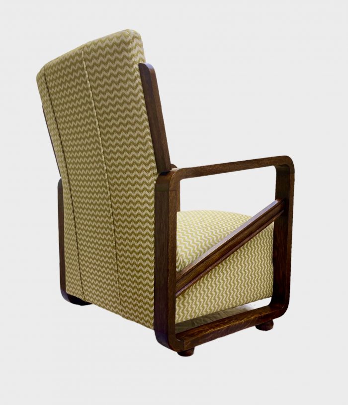 Small Art Deco Oak Heals Style Armchair Fully Restored And Upholstered In Deco Inspired Linwood Fabric