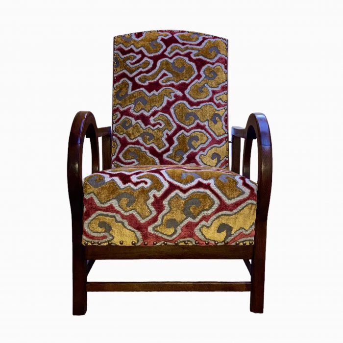 Art Deco Reclining Armchair Fully Restored And Upholstered In Japanese Inspired Jacquard Velvet Fabric