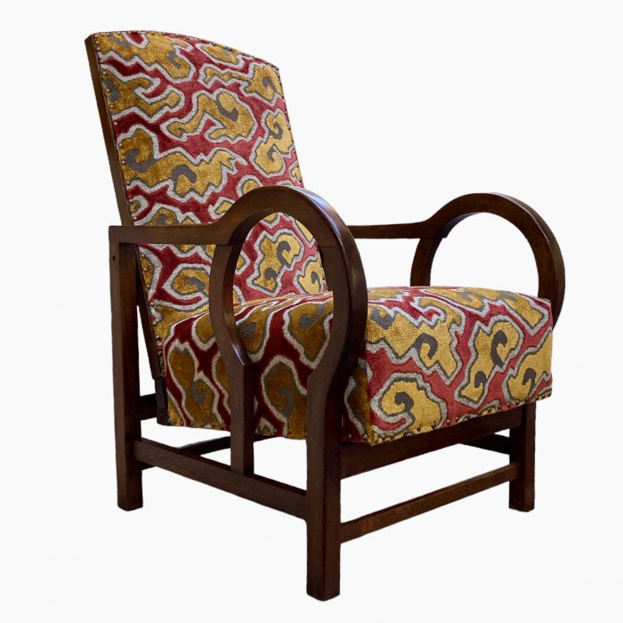 Art Deco Reclining Armchair Fully Restored And Upholstered In Japanese Inspired Jacquard Velvet Fabric