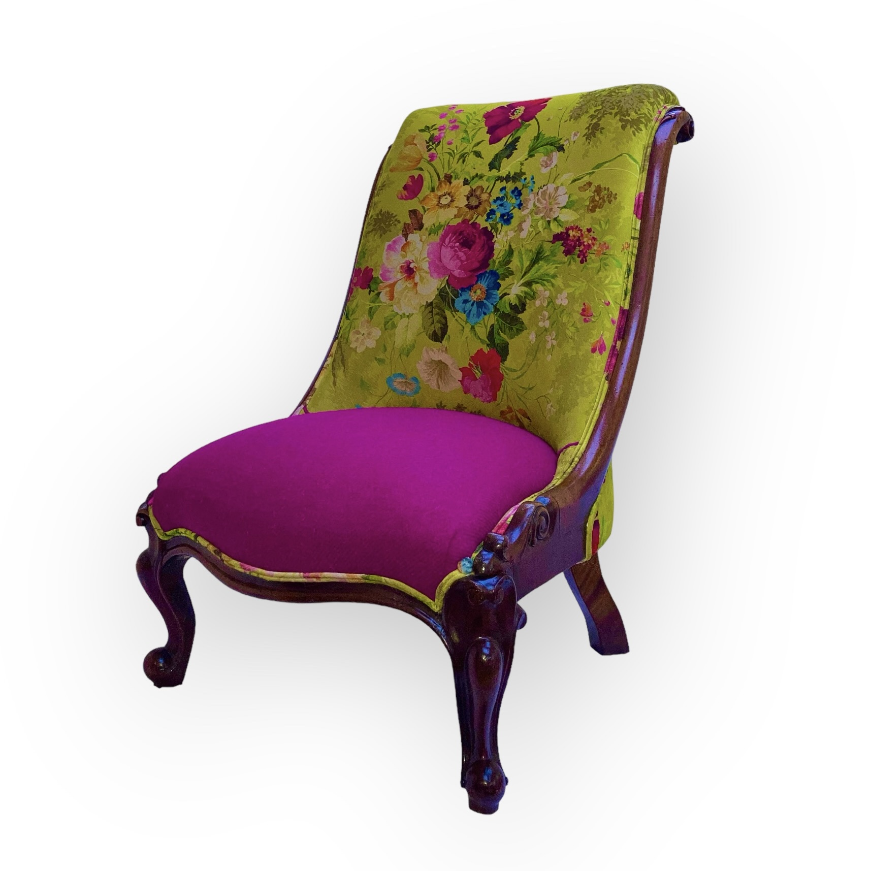 Victorian Ladies Slipper Chair In Mahogany Fully Restored And Upholstered In Spanish Alhambra Velvet And Harris Tweed
