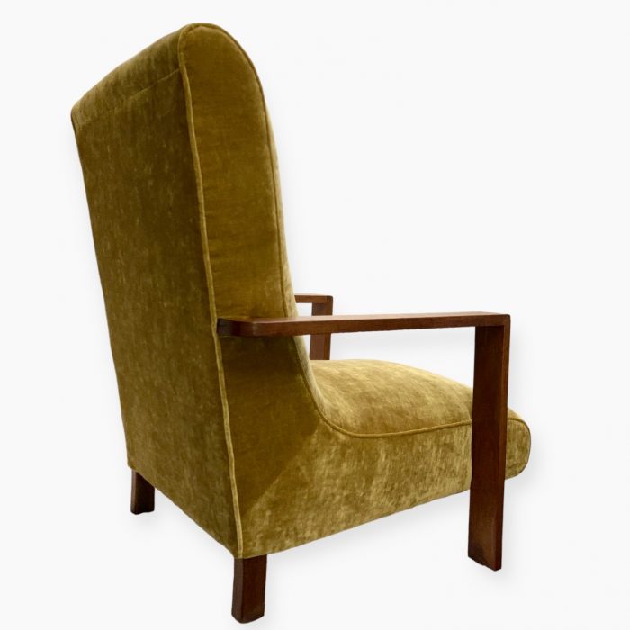Modernist Cotswold School Style Dovetail Walnut Armchair By Heals Of London Fully Restored And Upholstered In Luxurious Linwood Velvet