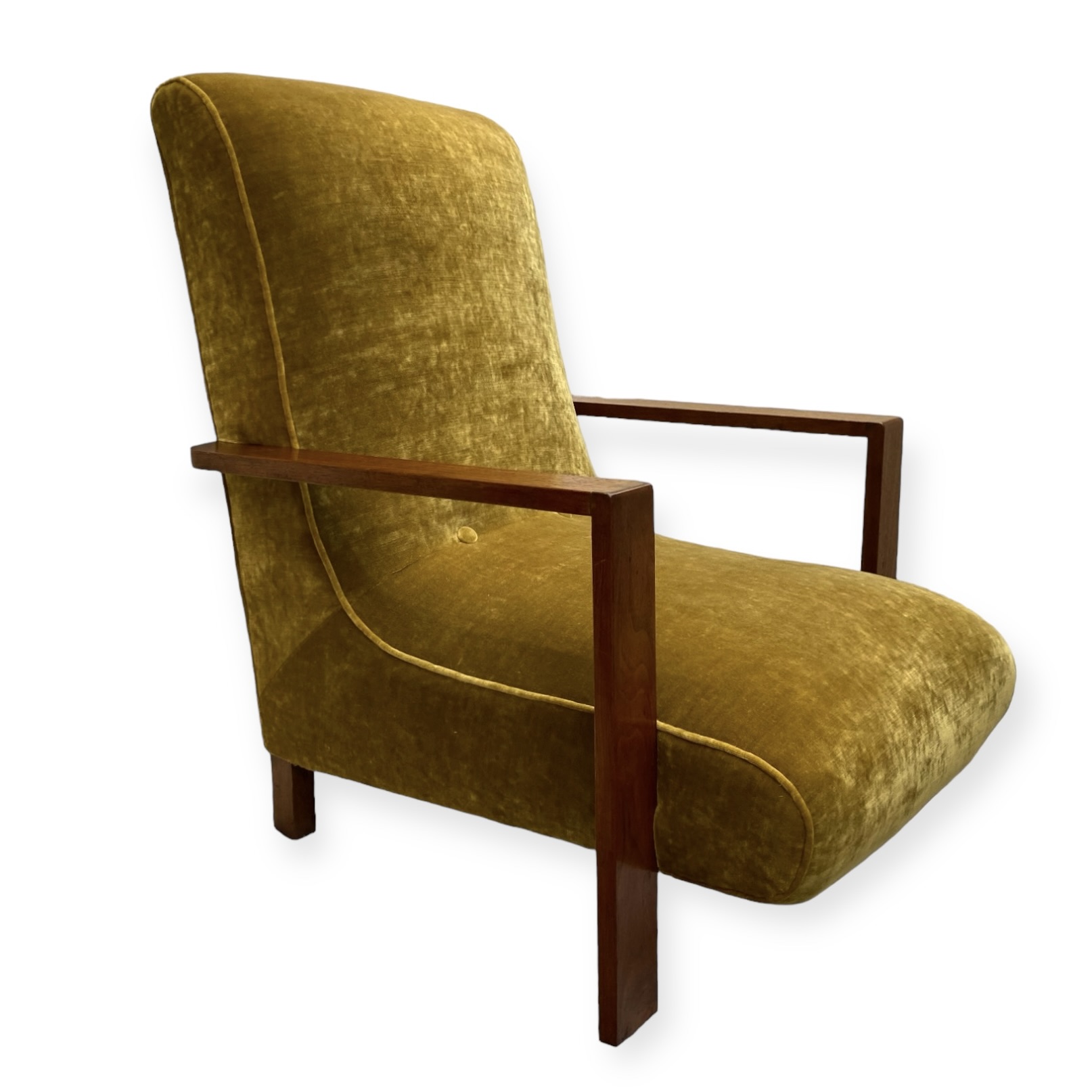 Modernist Cotswold School Style Dovetail Walnut Armchair By Heals Of London Fully Restored And Upholstered In Luxurious Linwood Velvet