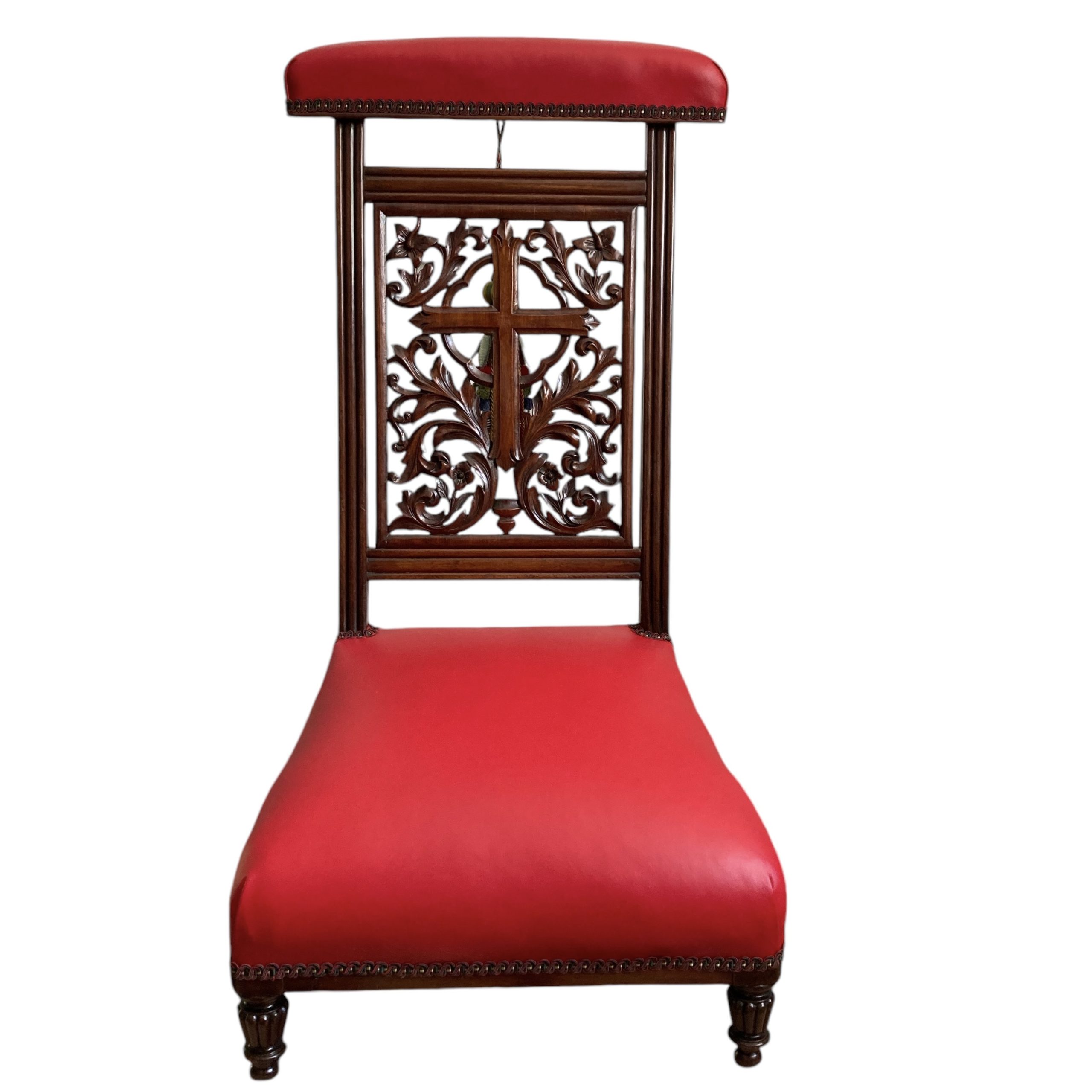 Antique William IV Era Prayer Chair / Prie Dieu In Walnut Fully Restored And Upholstered In Italian Leather With A Tassel
