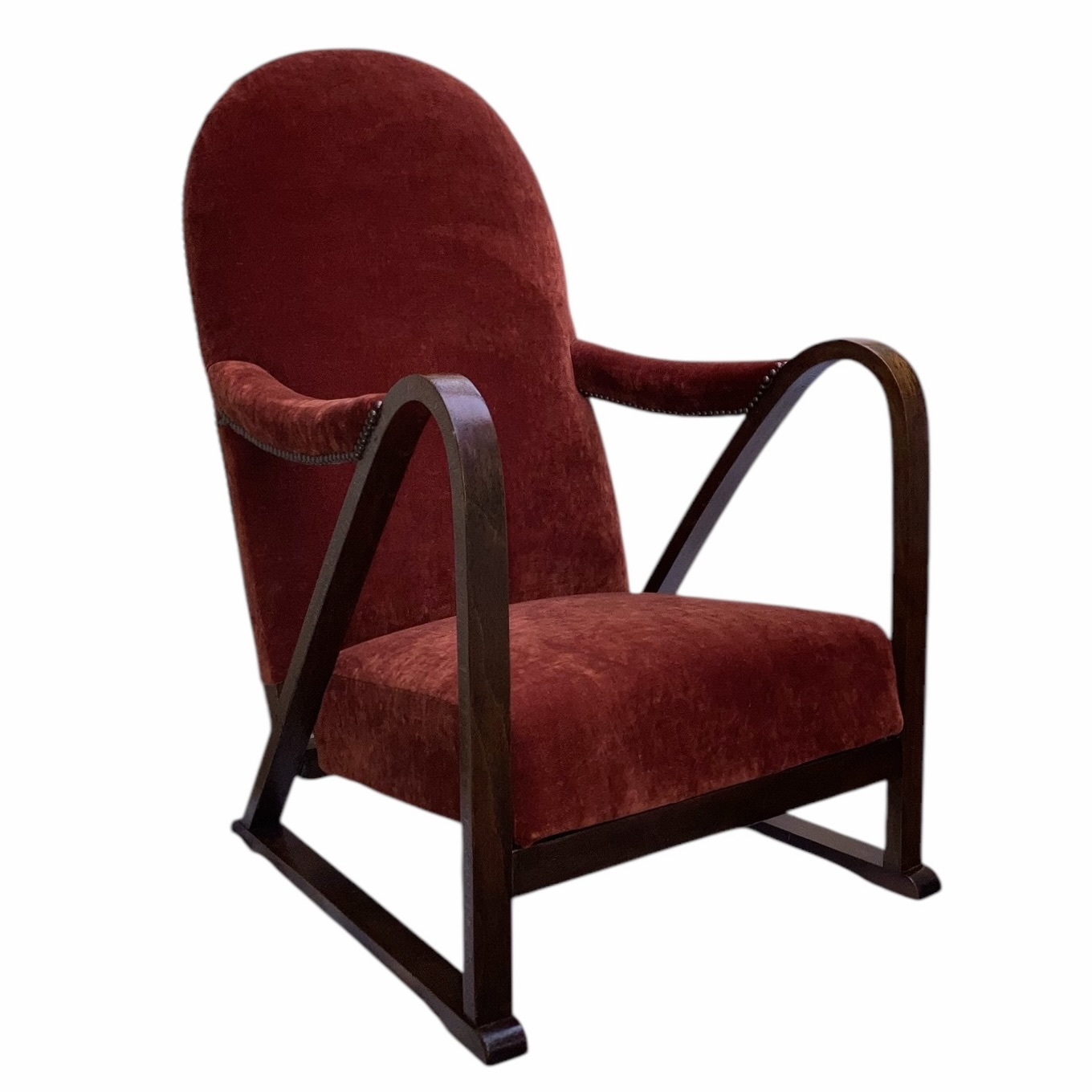 Art Deco Bentwood Armchair Upholstered In Redcurrant Velvet With Bronze Tack Detailing