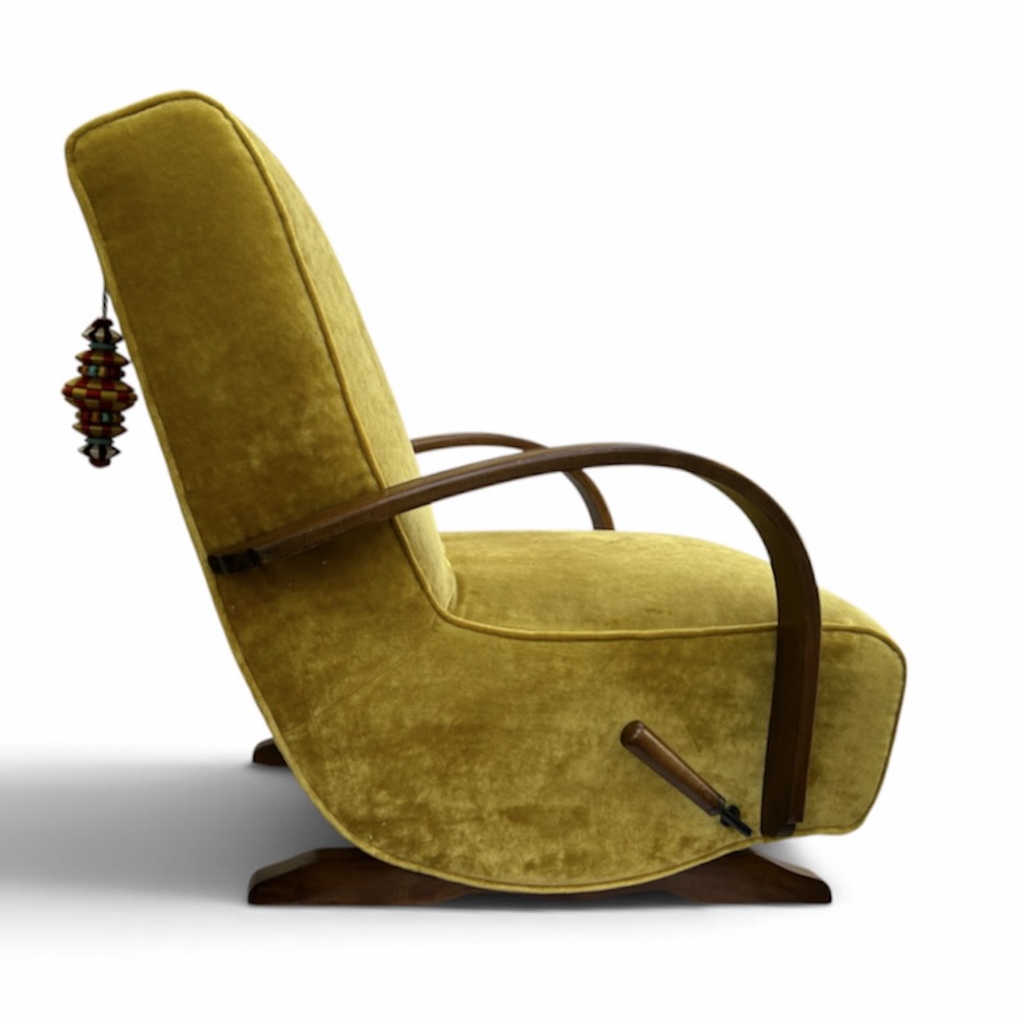 Art Deco Rocking & Reclining Armchair in Saffron Velvet with A Tassel Fully Restored 