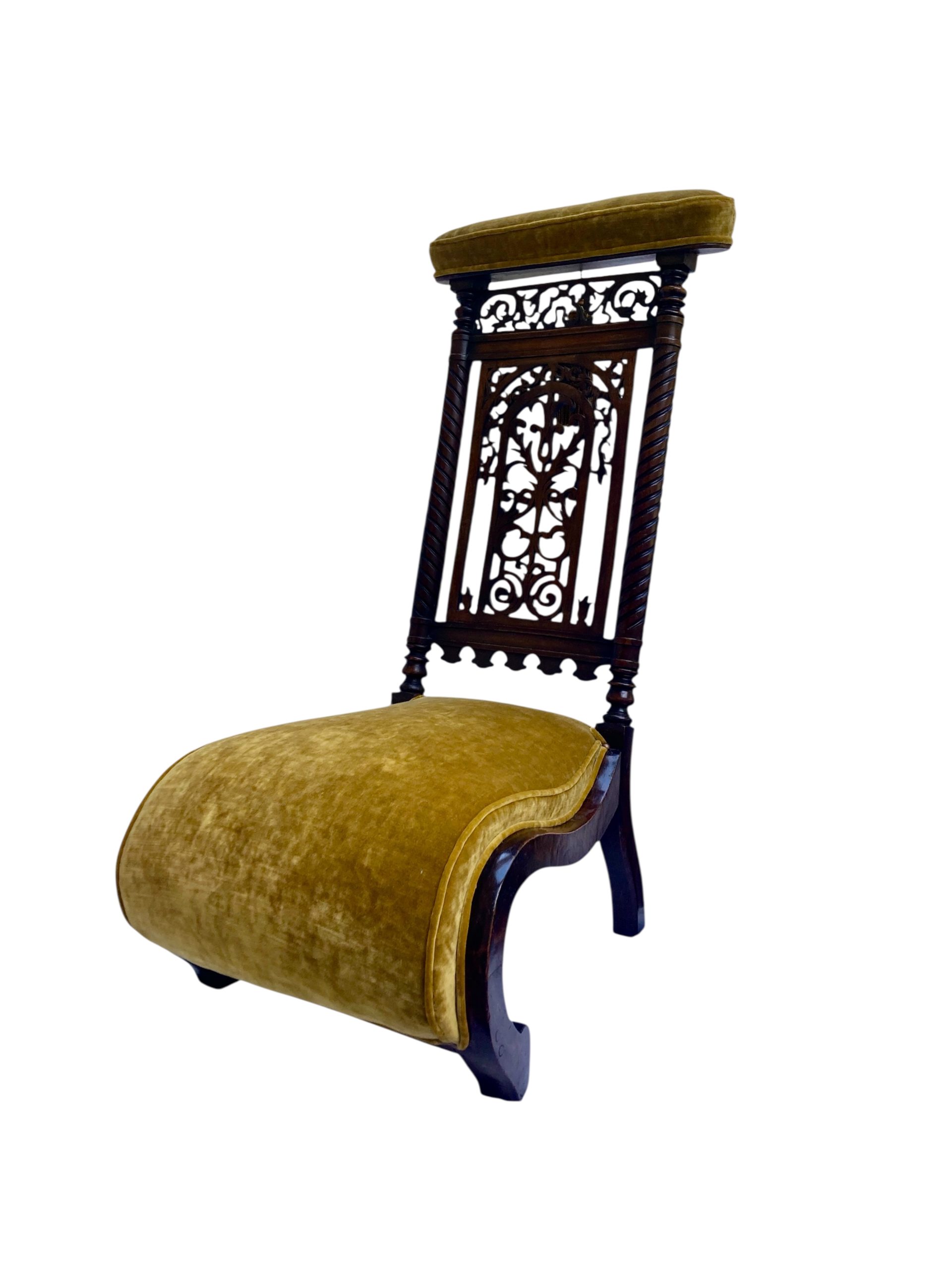 Victorian Mahogany Prie Dieu Chair, Circa 1870, With Dark Yellow Velvet Upholstery And Gold Tassel